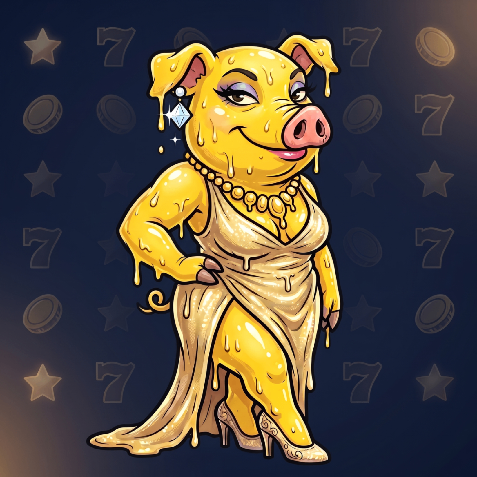 Bianca Goldie, 7-Pigs mascot character representing casino games and slots
